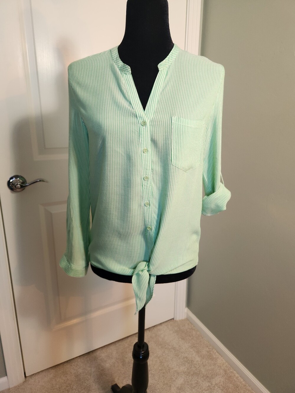 Alythea Light Mint Pinstripe Button-Down Tie- Front Top - Small